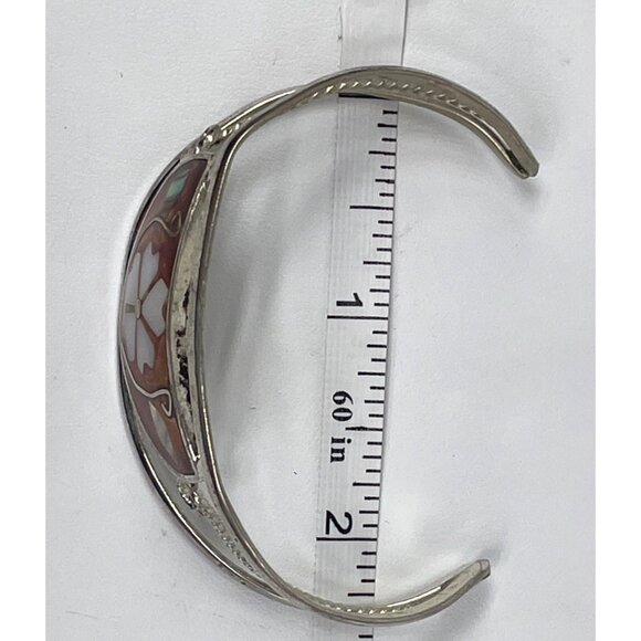 Vintage Alpaca Mexico Silver Tone Cuff Bracelet Mother Of Pearl Inlay Floral Des - Picture 7 of 8